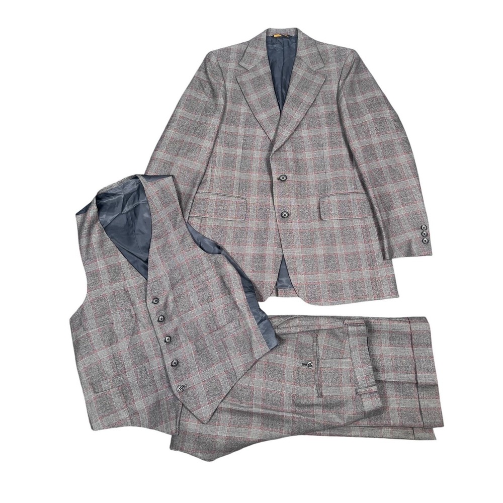 Kingsridge 1970s 3 Piece Suit Men Gray Red Plaid Wool Blazer 38R 34X31